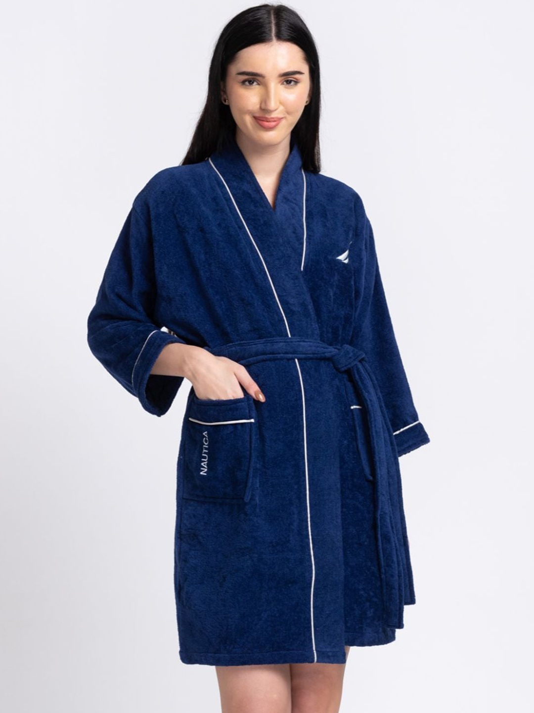 

Nautica Women Navy Blue Solid Pure Cotton Bath Robe