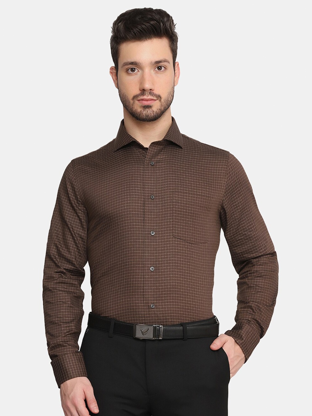 

Blackberrys Men Brown Slim Fit Micro Checked Formal Cotton Shirt