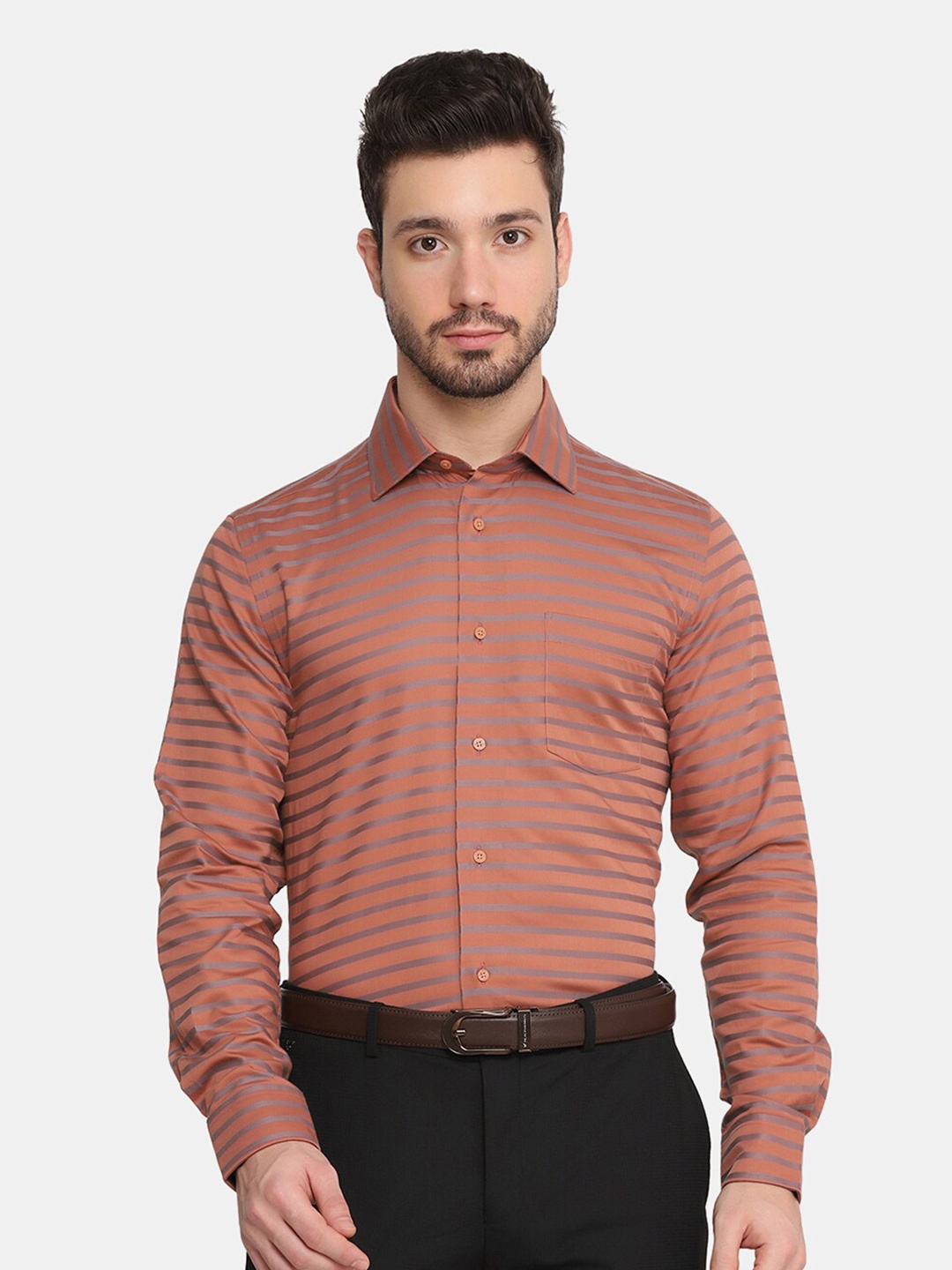 

Blackberrys Men Orange Slim Fit Horizontal Striped Pure Cotton Casual Shirt