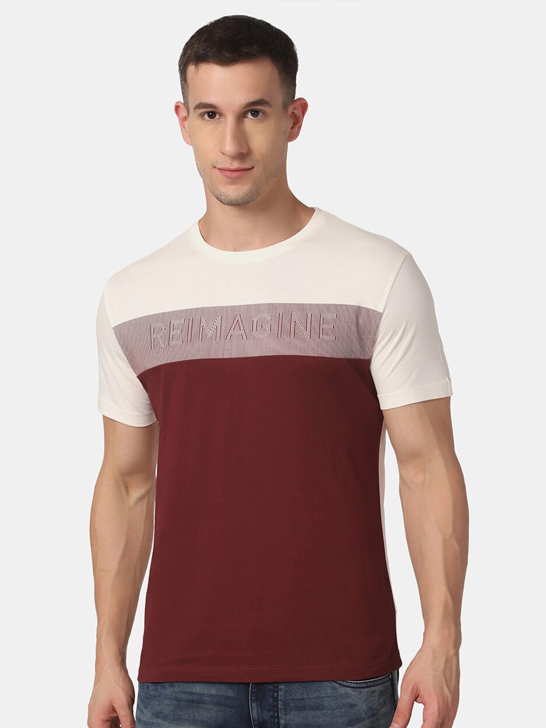 

Blackberrys Men Maroon & Off White Colourblocked Cotton T-shirt