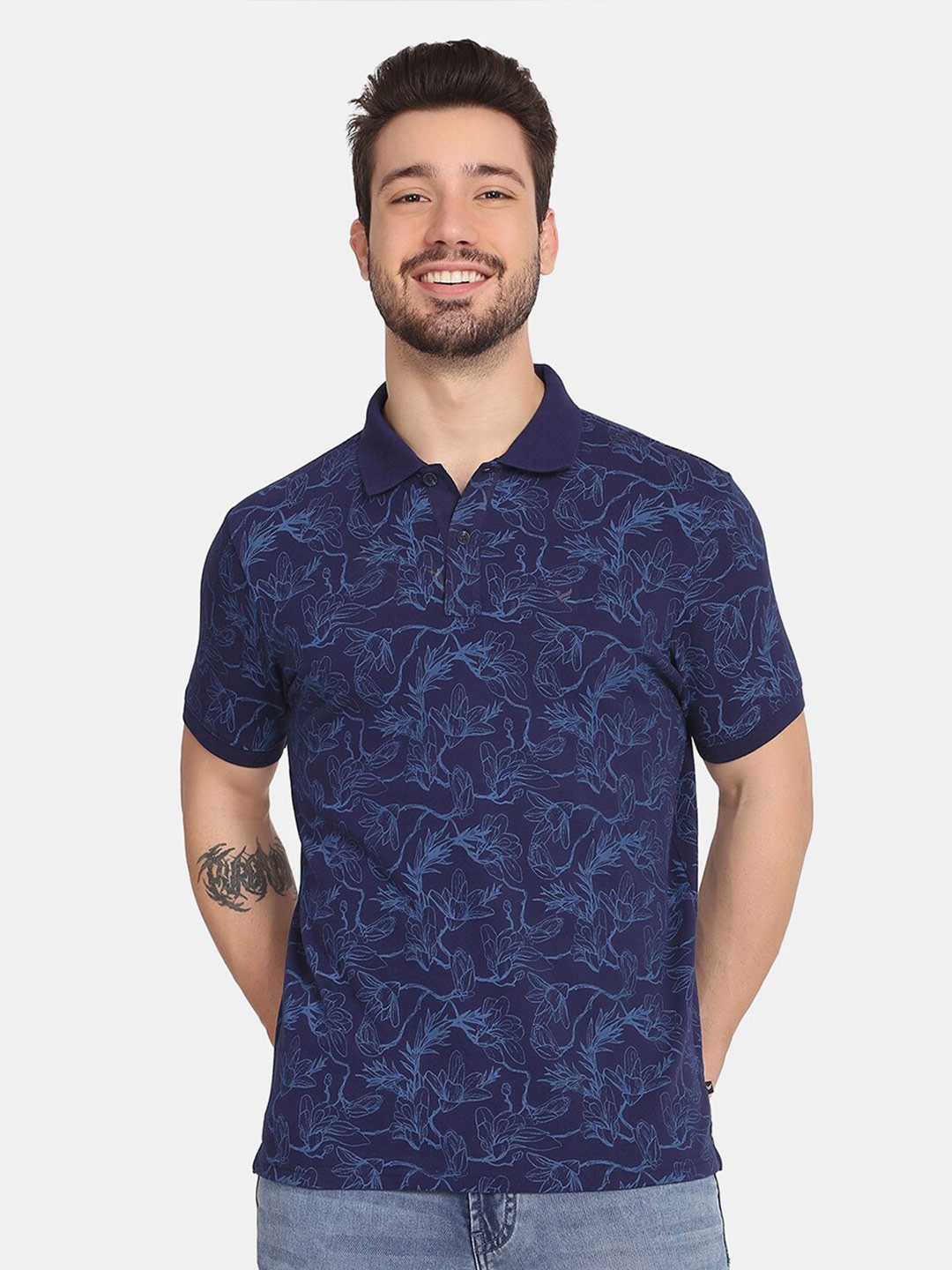 

Blackberrys Men Blue Floral Printed Polo Collar Slim Fit T-shirt