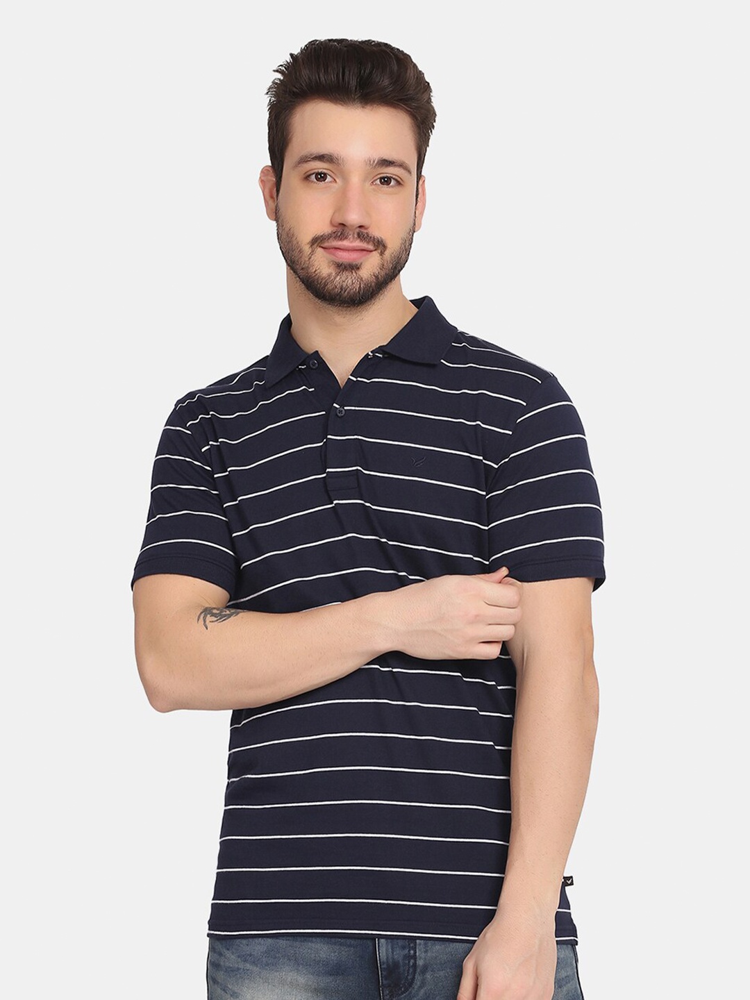 

Blackberrys Men Navy Blue Striped Polo Collar Pure Cotton Slim Fit T-shirt