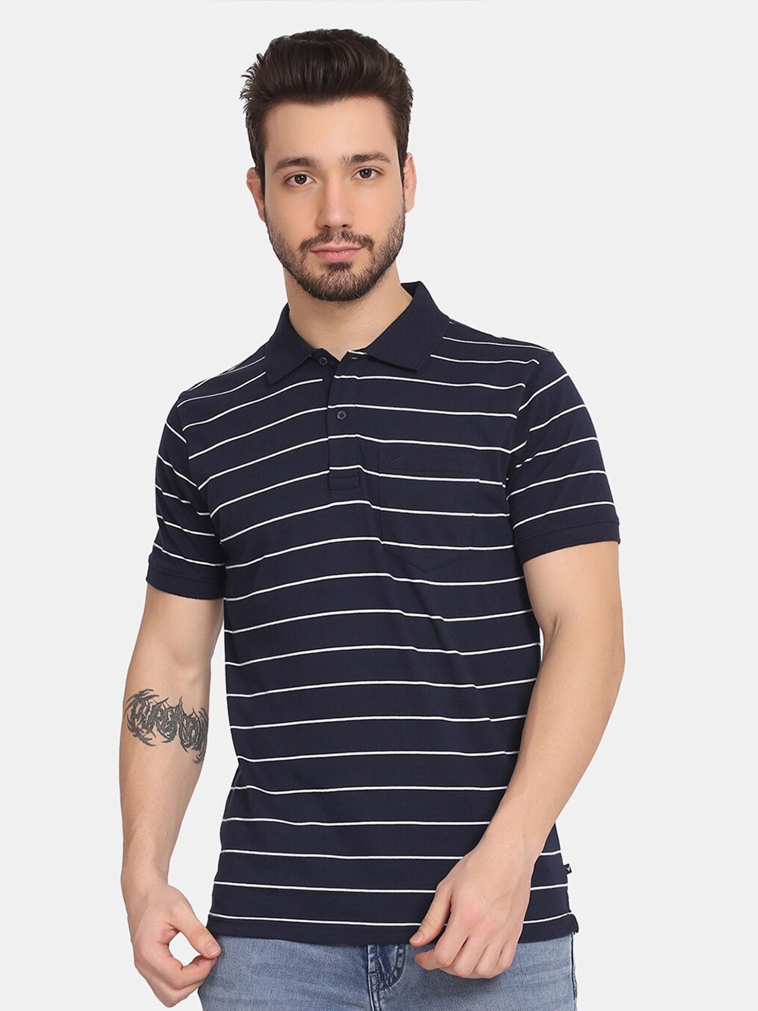 

Blackberrys Men Navy Blue & White Striped Polo Collar Slim Fit T-shirt