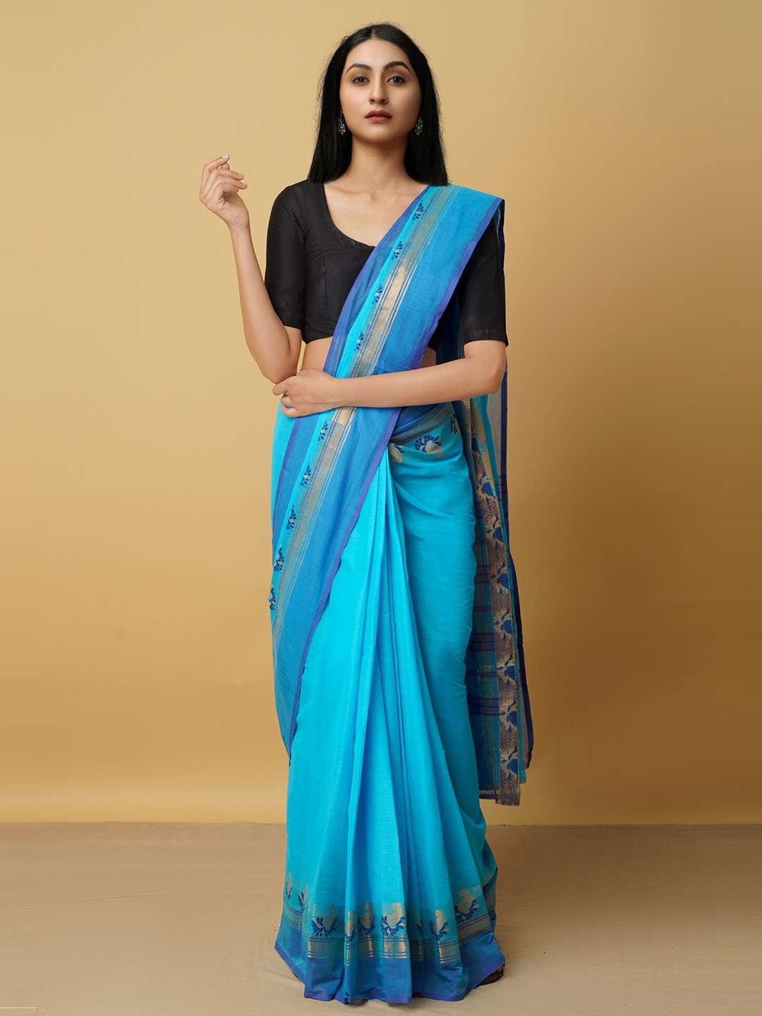 

Unnati Silks Blue & Gold-Toned Woven Design Zari Pure Cotton Kanjeevaram Saree