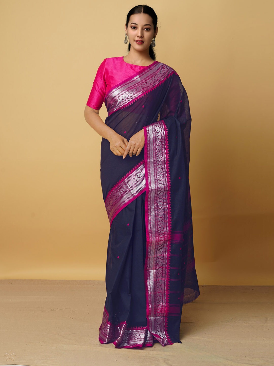 

Unnati Silks Navy Blue & Pink Woven Design Zari Pure Cotton Kanjeevaram Saree