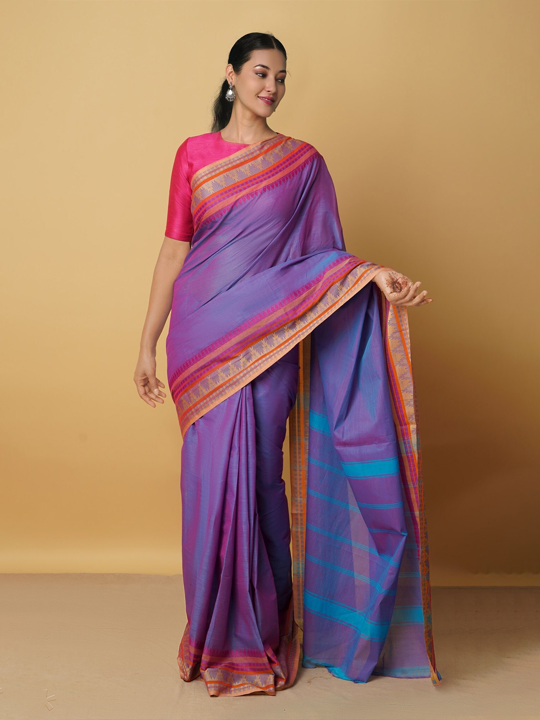 

Unnati Silks Blue & Silver-Toned Woven Design Zari Pure Cotton Kanjeevaram Saree