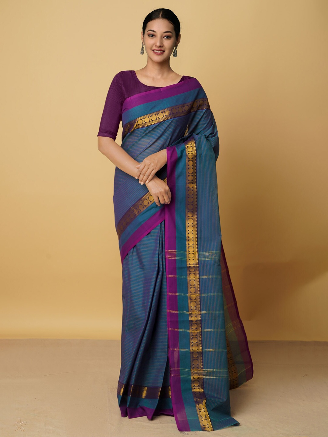 

Unnati Silks Blue & Gold-Toned Woven Design Zari Pure Cotton Kanjeevaram Saree
