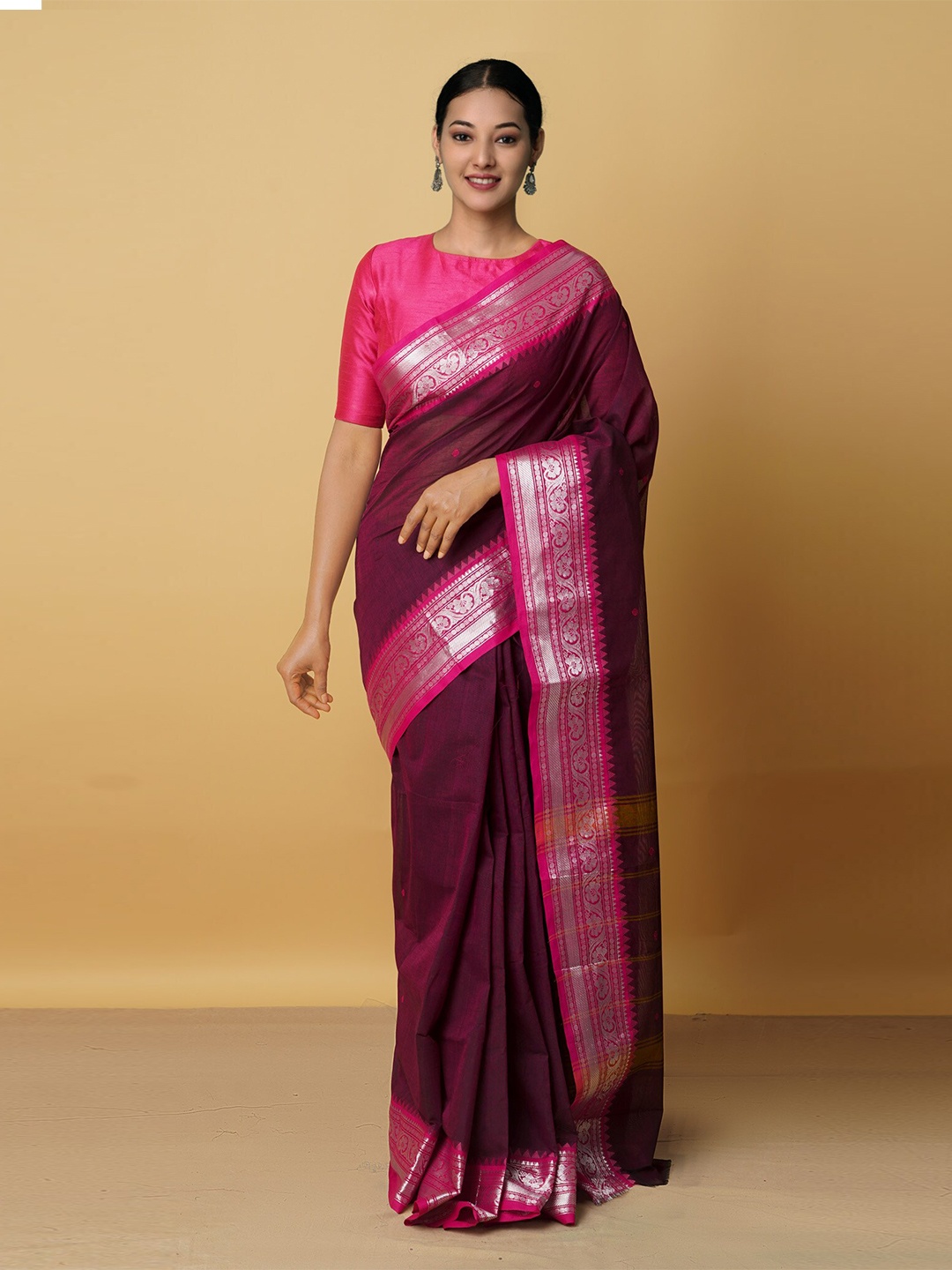 

Unnati Silks Purple & Silver-Toned Woven Design Zari Pure Cotton Kanjeevaram Saree