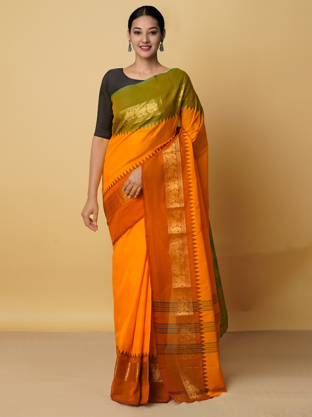 

Unnati Silks Orange & Gold-Toned Woven Design Zari Pure Cotton Kanjeevaram Saree