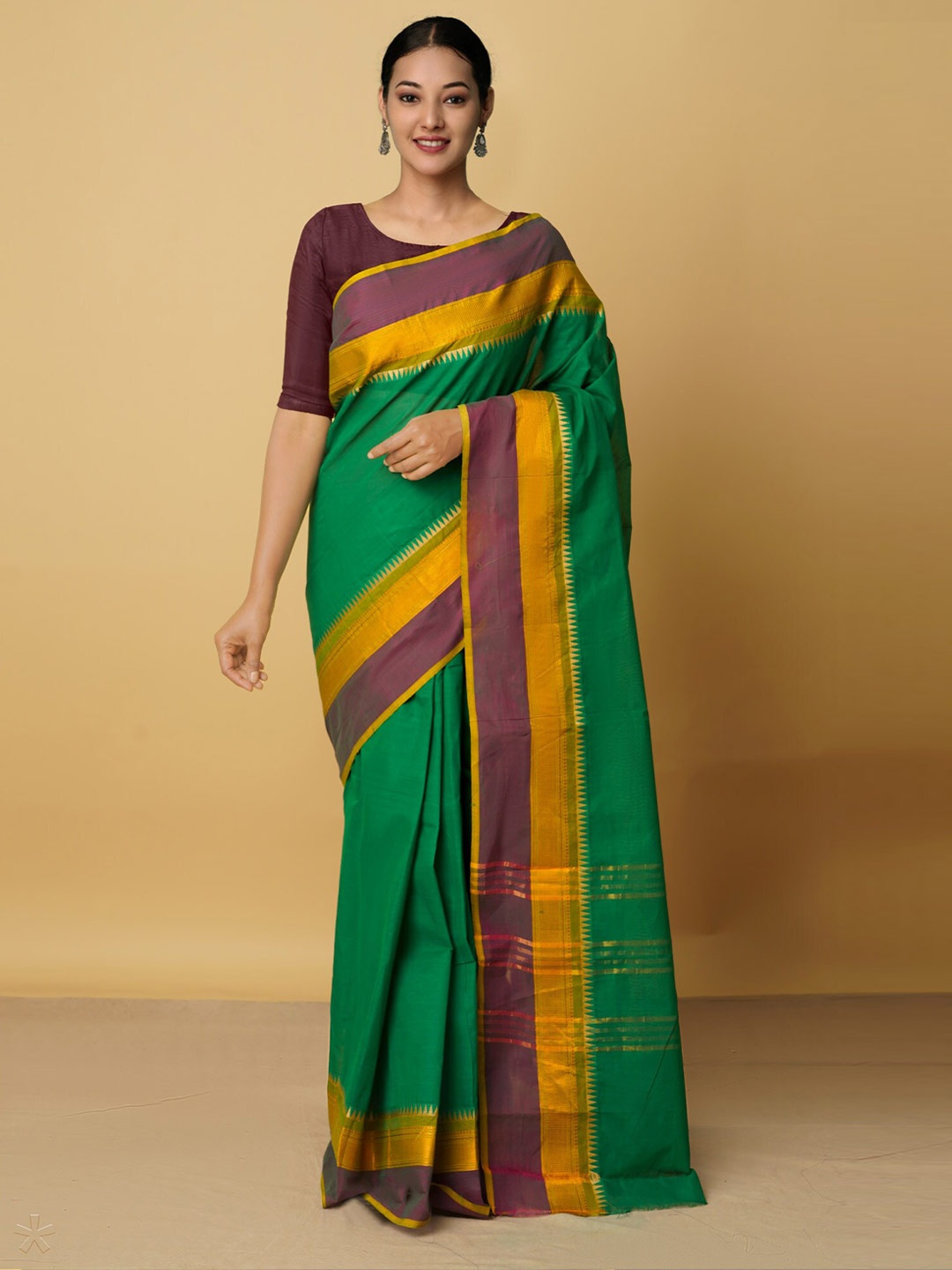 

Unnati Silks Green & Purple Woven Design Pure Cotton Kanjeevaram Saree