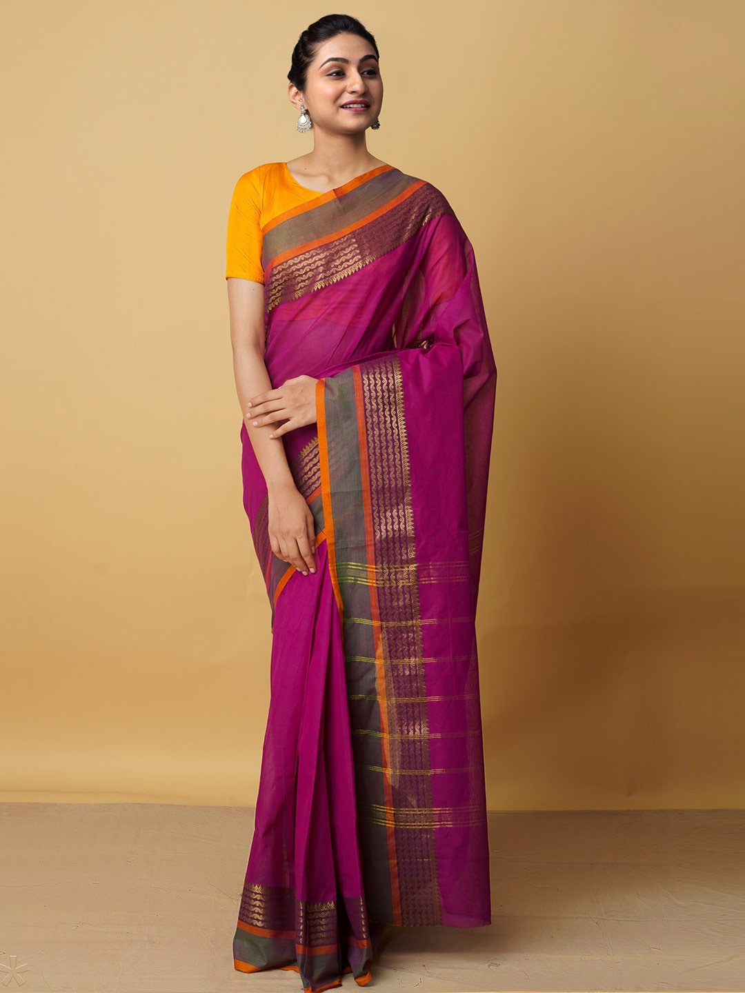 

Unnati Silks Pink & Gold-Toned Woven Design Zari Pure Cotton Kanjeevaram Saree