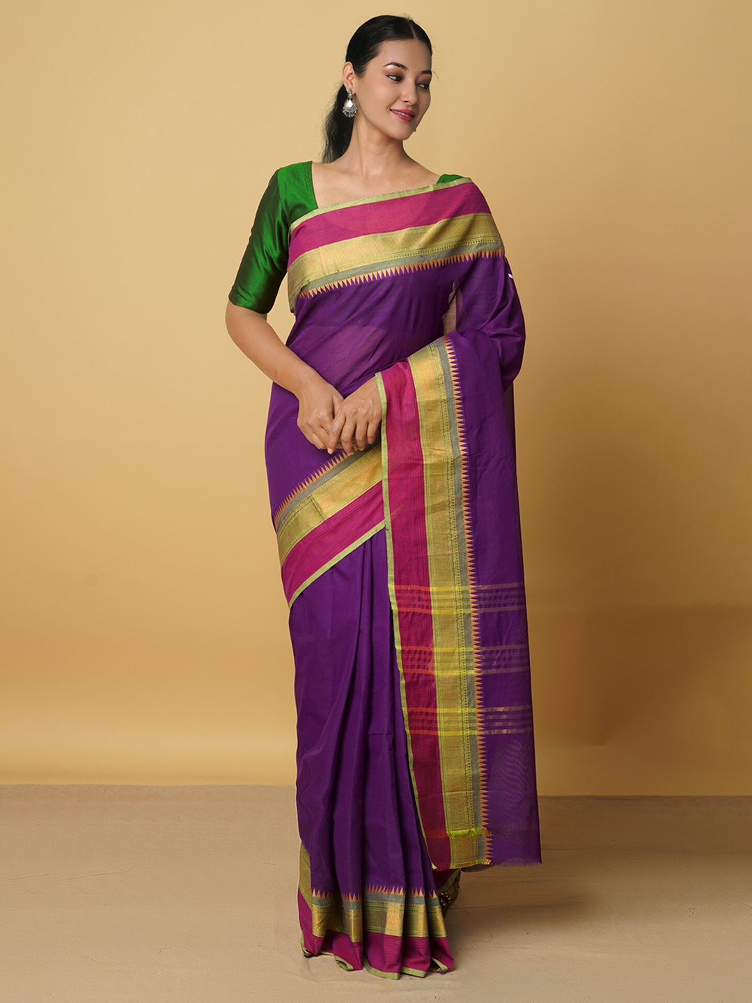 

Unnati Silks Purple & Pink Ethnic Motifs Zari Pure Cotton Kanjeevaram Saree