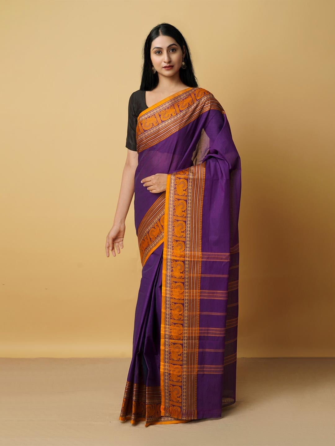 

Unnati Silks Purple & Orange Woven Design Pure Cotton Kanjeevaram Saree