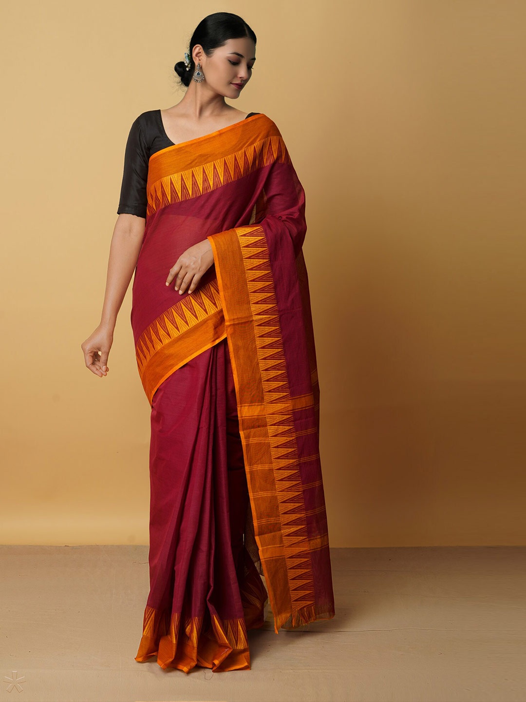 

Unnati Silks Maroon & Orange Woven Design Pure Cotton Kanjeevaram Saree