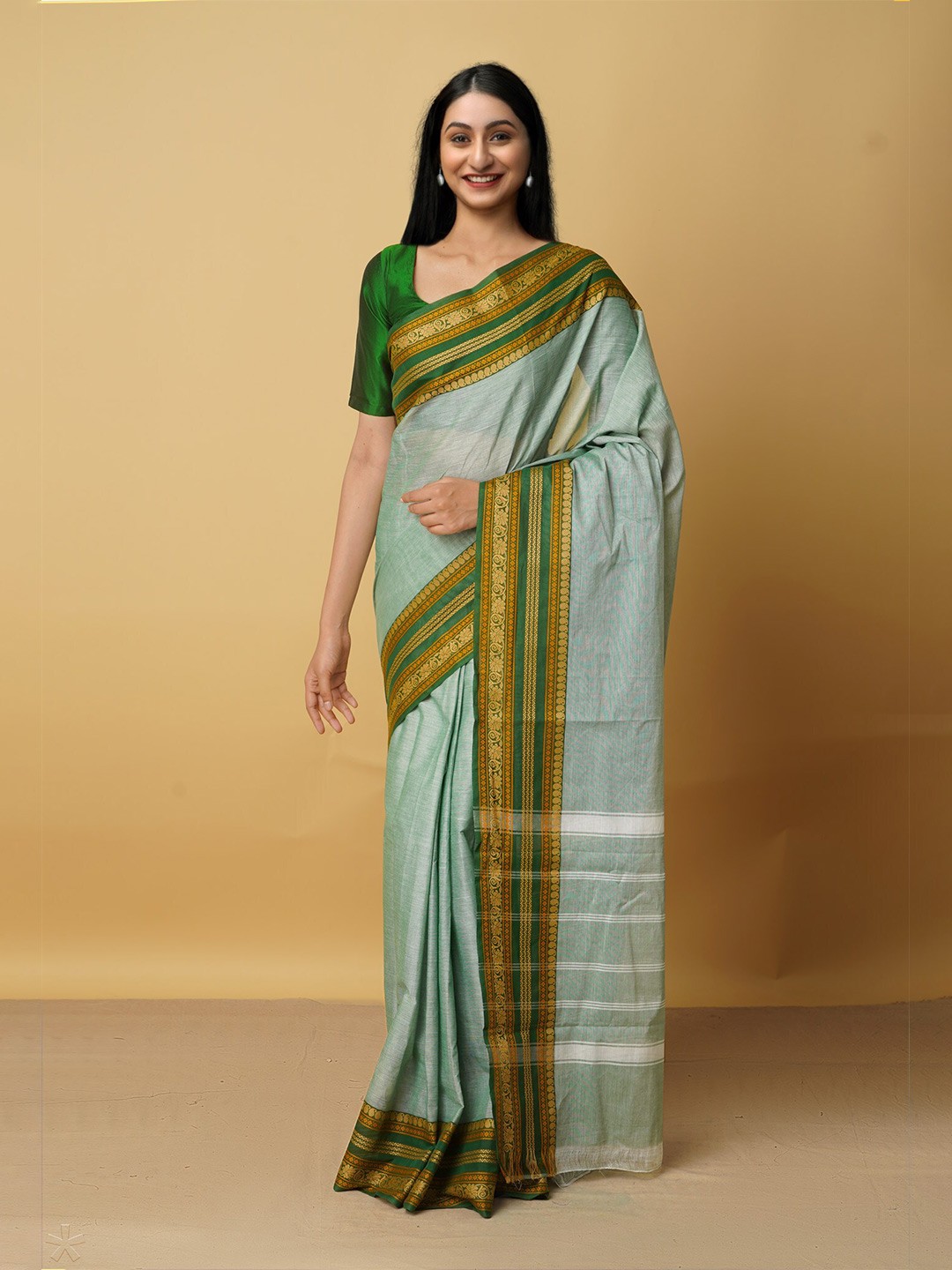 

Unnati Silks Green & Orange Woven Design Pure Cotton Kanjeevaram Saree