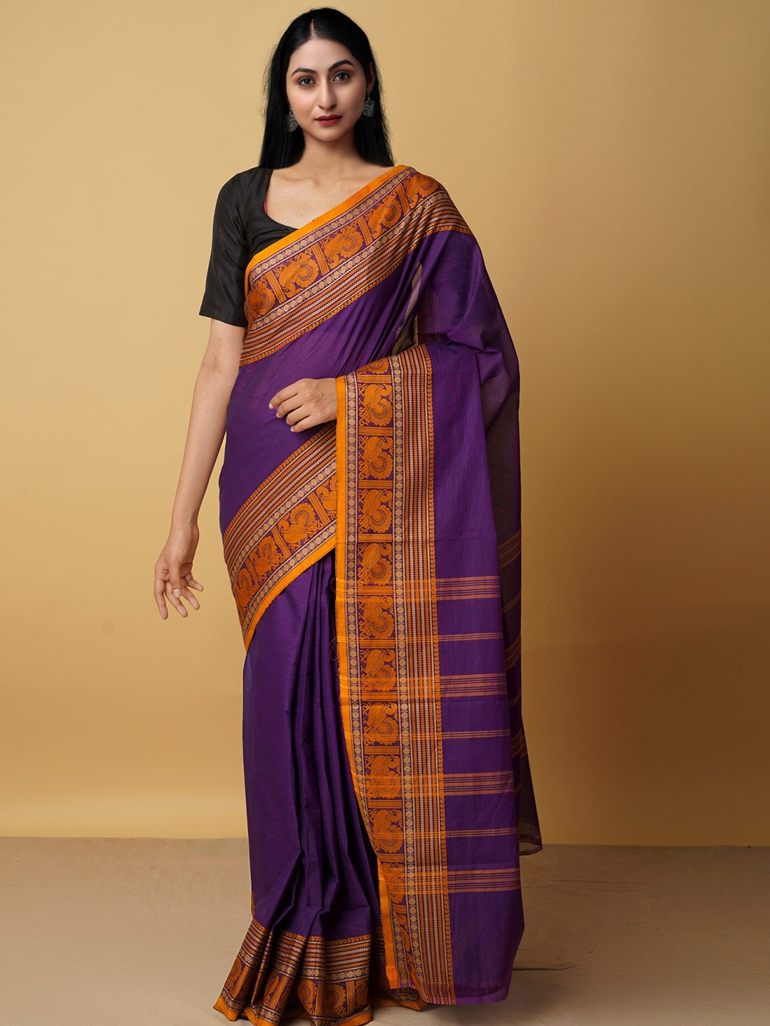 

Unnati Silks Purple & Orange Pure Cotton Kanjeevaram Saree