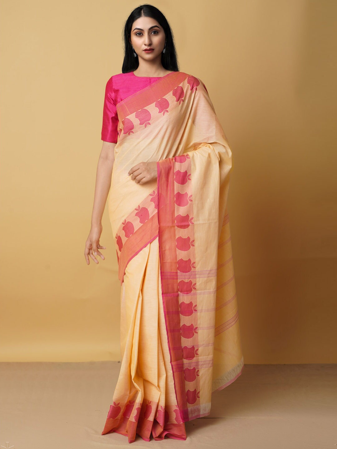 

Unnati Silks Cream-Coloured & Pink Zari Pure Cotton Kanjeevaram Saree