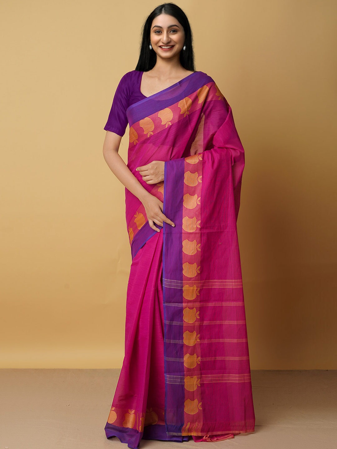 

Unnati Silks Pink & Purple Woven Design Pure Cotton Kanjeevaram Saree