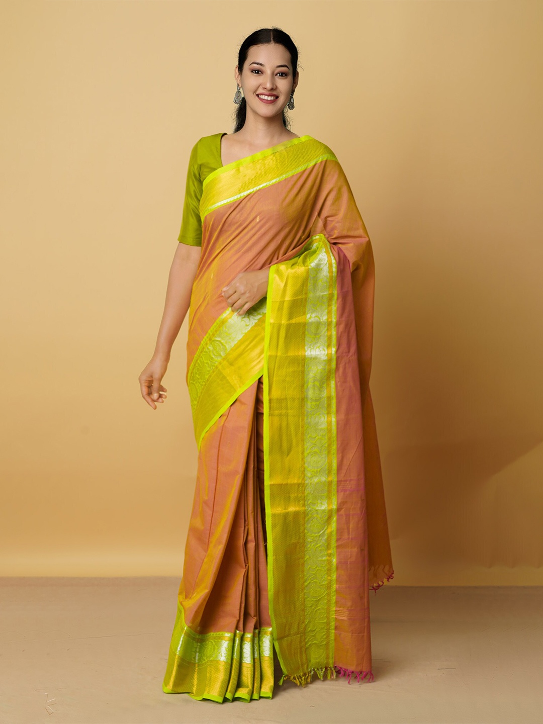 

Unnati Silks Orange & Green Woven Design Pure Cotton Kanjeevaram Saree