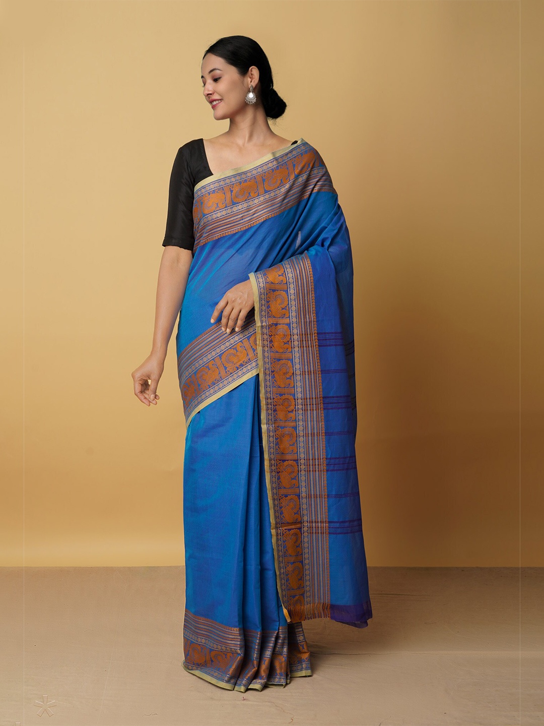 

Unnati Silks Blue & Orange Woven Design Zari Pure Cotton Kanjeevaram Saree