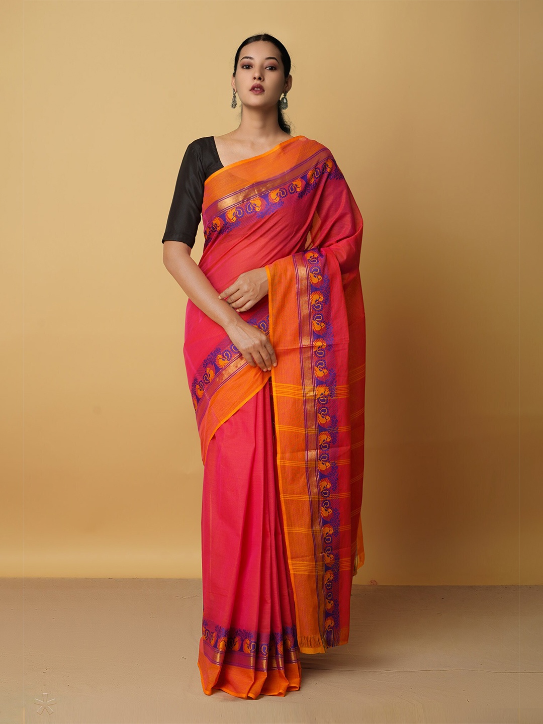 

Unnati Silks Pink & Gold-Toned Woven Design Zari Pure Cotton Kanjeevaram Saree