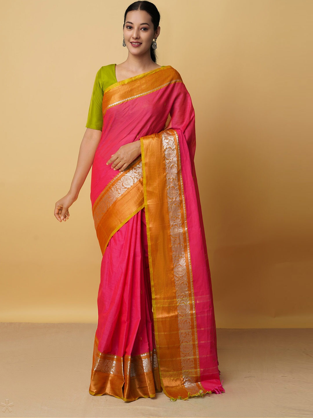 

Unnati Silks Pink & Gold-Toned Woven Design Pure Cotton Kanjeevaram Saree