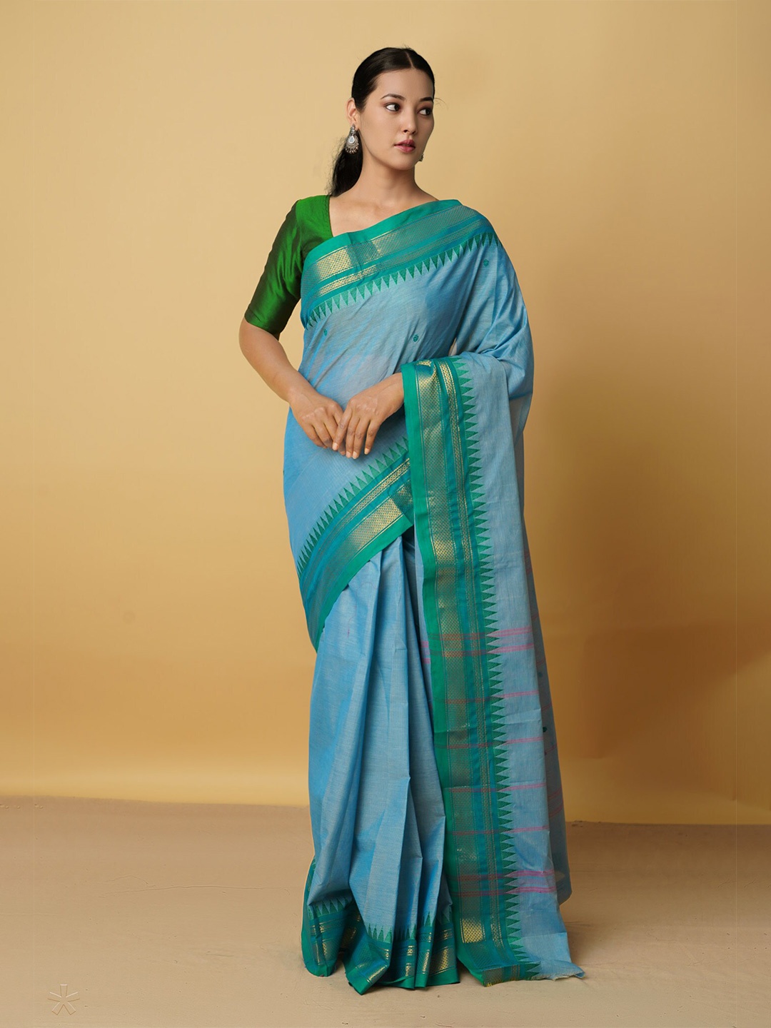 

Unnati Silks Blue & Turquoise Blue Woven Design Zari Pure Cotton Kanjeevaram Saree