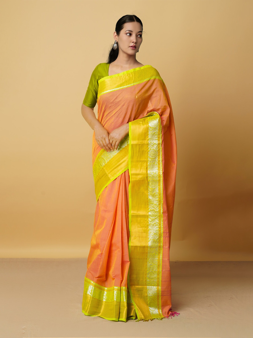 

Unnati Silks Pink & Green Woven Design Zari Pure Cotton Kanjeevaram Saree