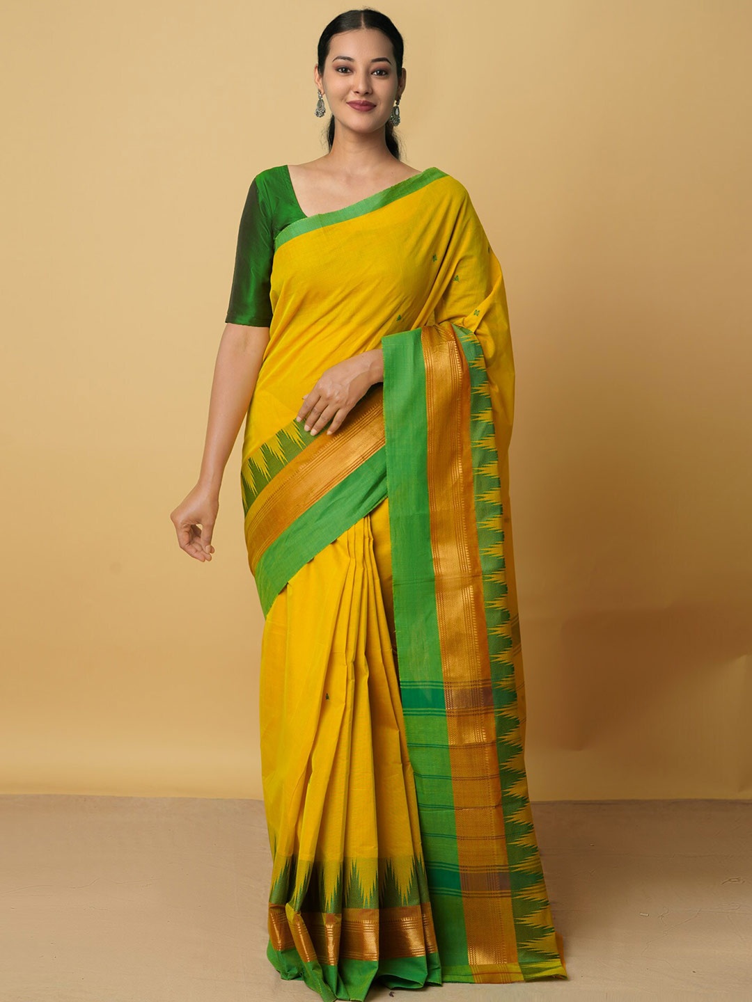 

Unnati Silks Yellow & Green Zari Pure Cotton Kanjeevaram Saree