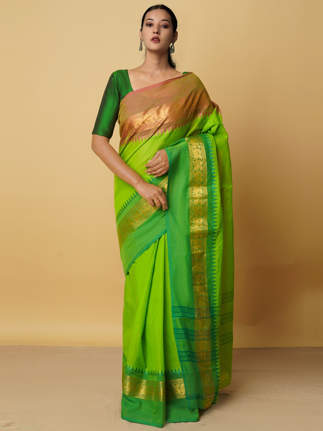 

Unnati Silks Green & Gold-Toned Zari Pure Cotton Kanjeevaram Saree