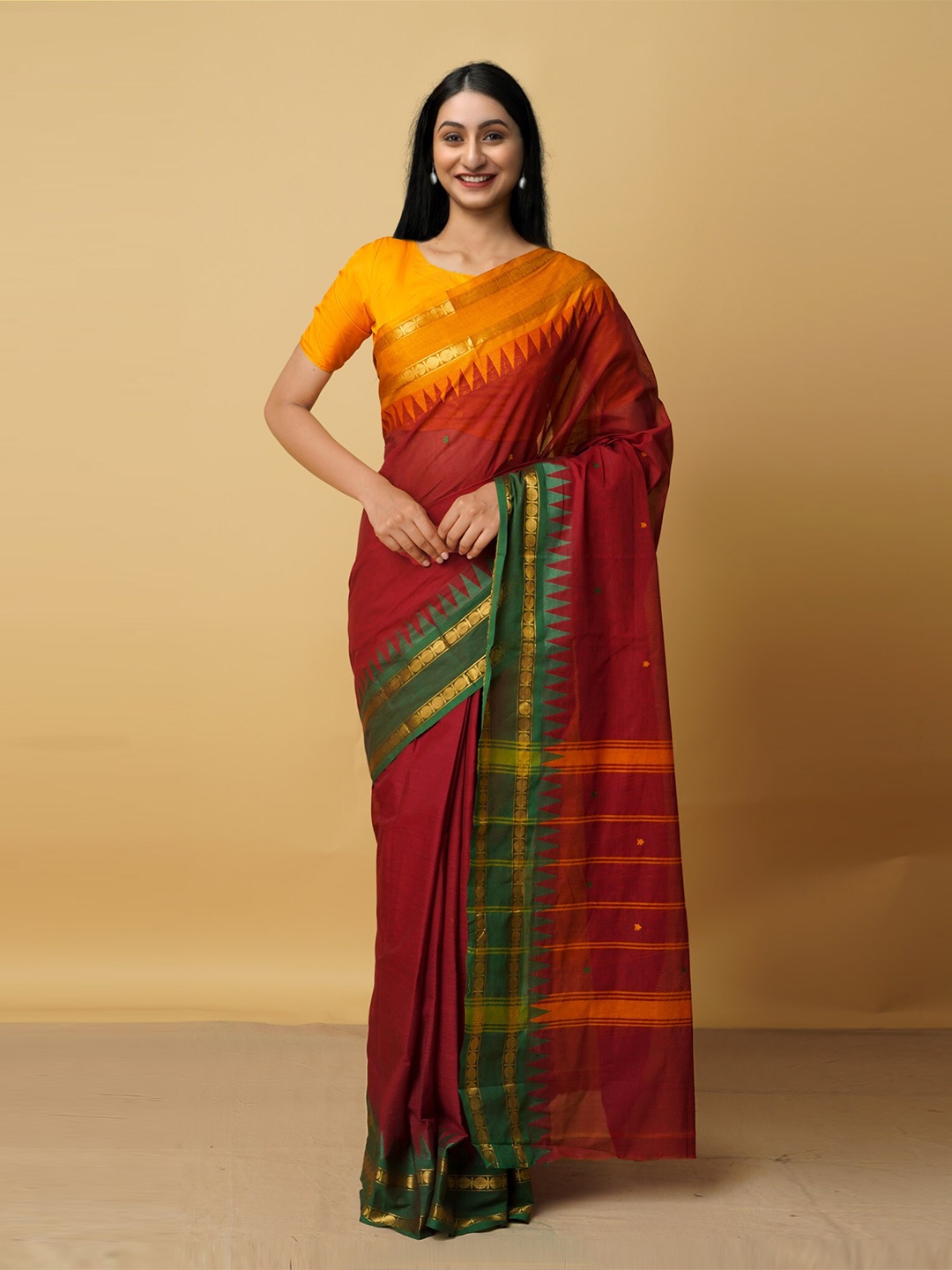 

Unnati Silks Maroon & Green Woven Design Pure Cotton Kanjeevaram Saree
