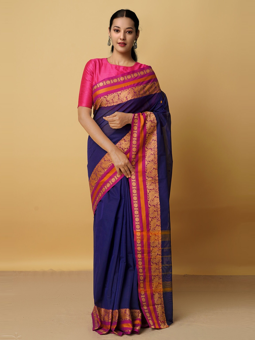 

Unnati Silks Blue & Pink Zari Pure Cotton Kanjeevaram Saree