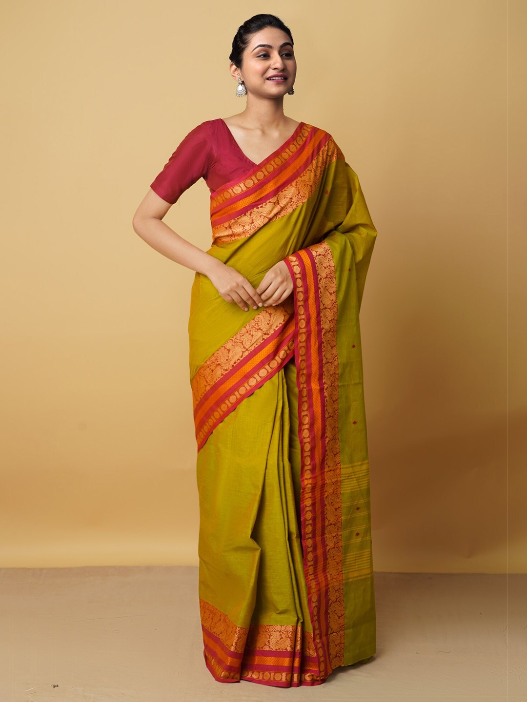 

Unnati Silks Green & Red Woven Design Zari Pure Cotton Kanjeevaram Saree