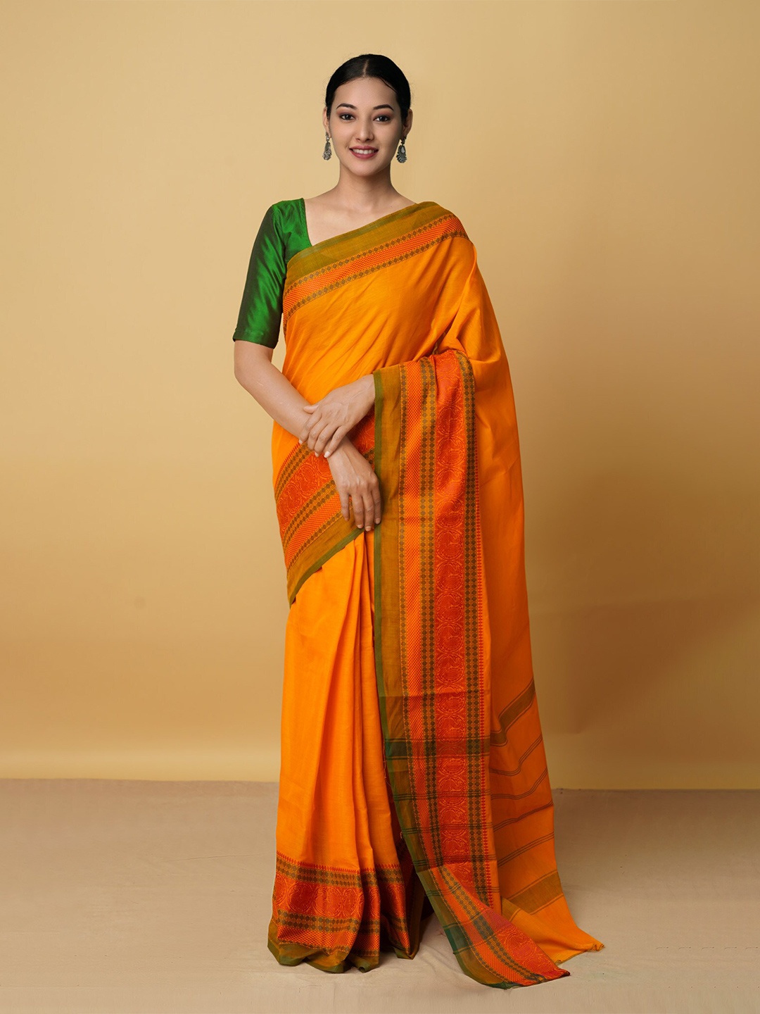 

Unnati Silks Orange & Gold-Toned Woven Design Zari Pure Cotton Kanjeevaram Saree