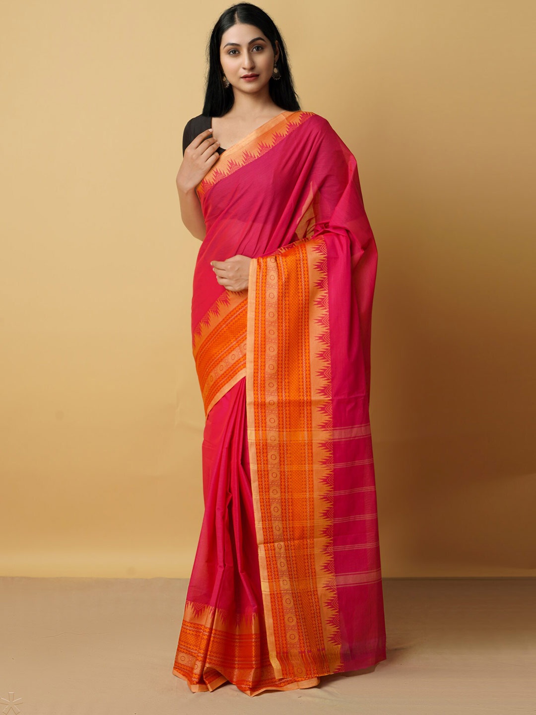 

Unnati Silks Pink & Orange Woven Design Zari Pure Cotton Kanjeevaram Saree