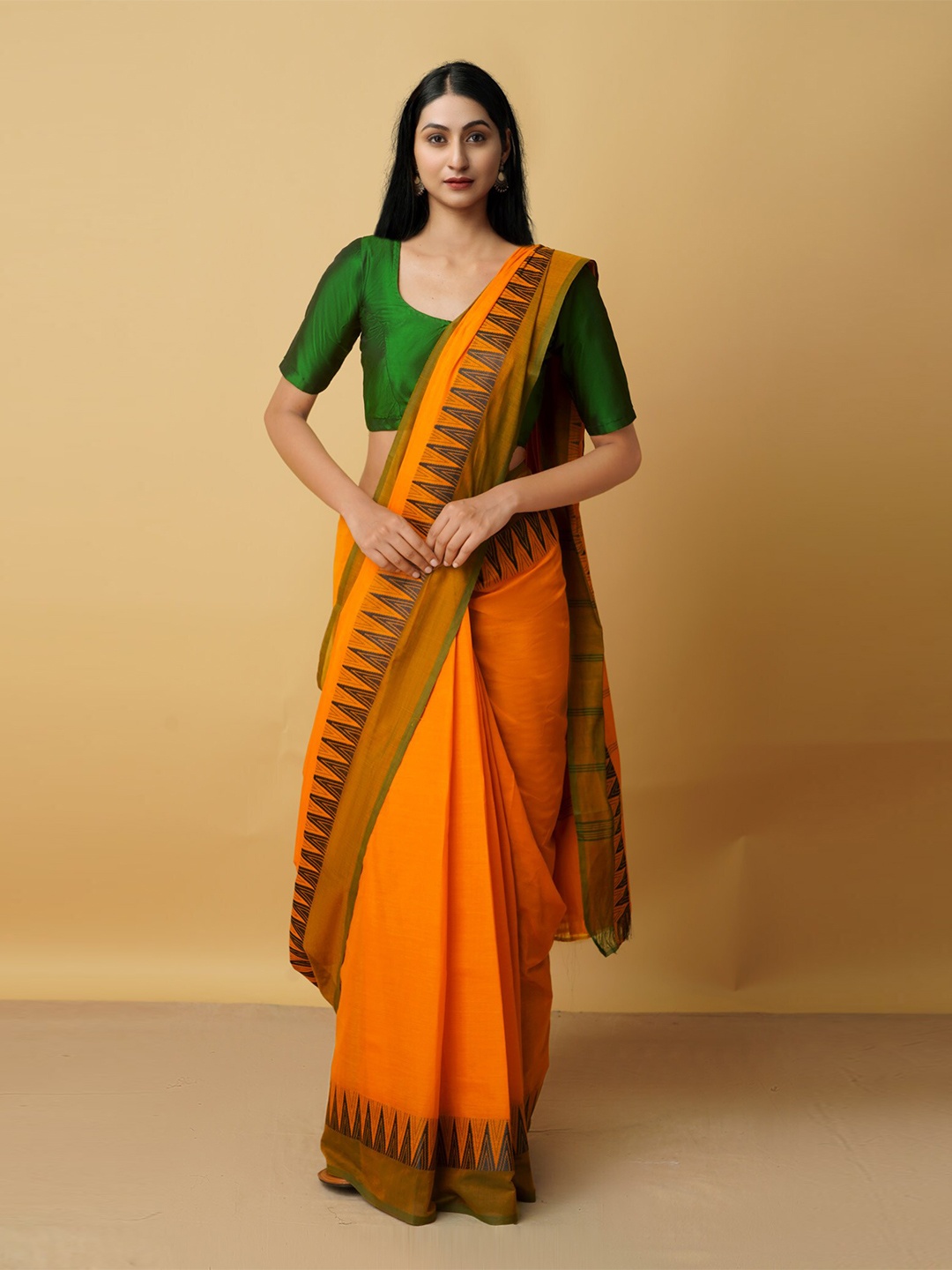 

Unnati Silks Orange & Green Woven Design Zari Pure Cotton Kanjeevaram Saree