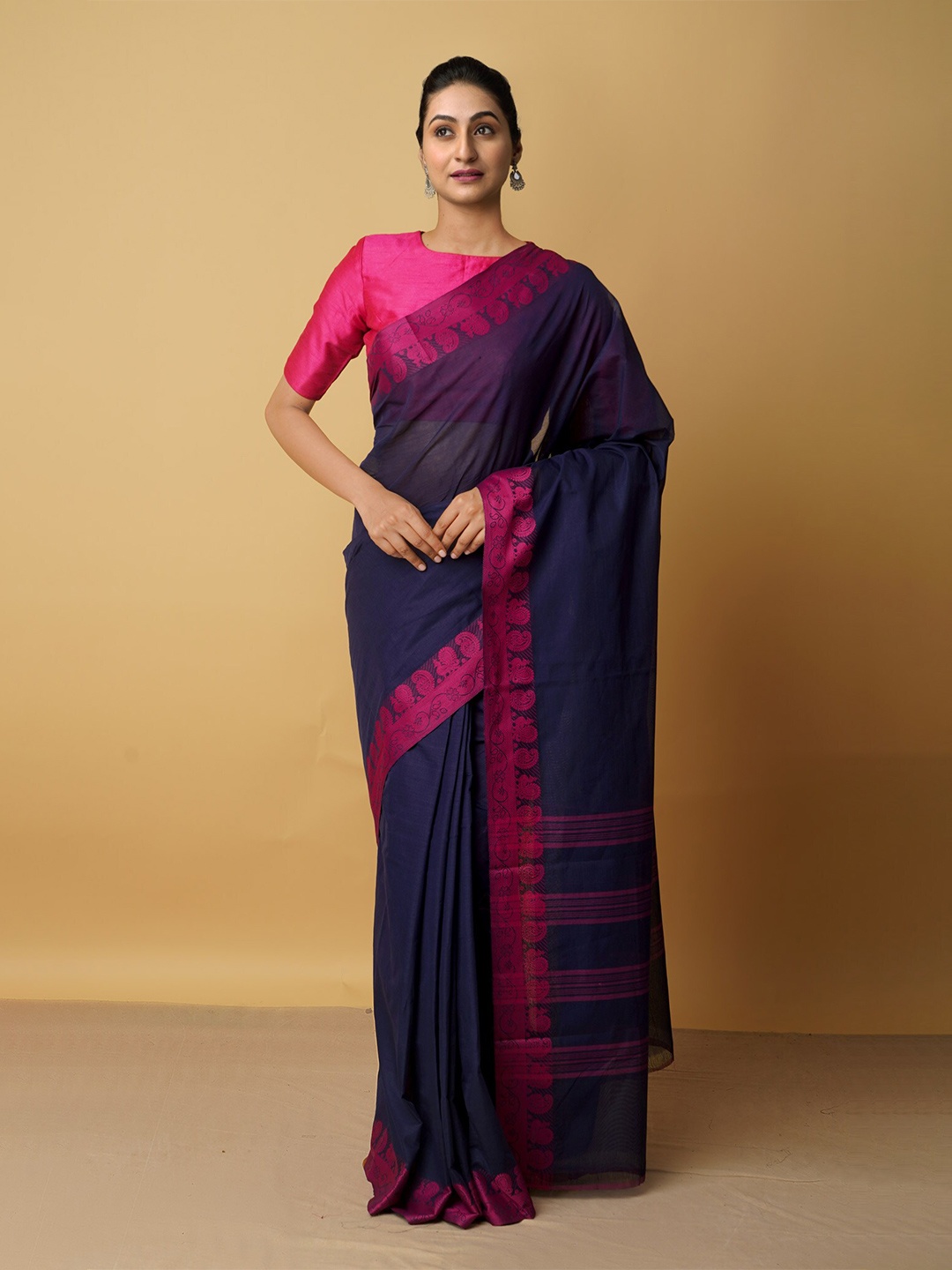 

Unnati Silks Blue & Pink Woven Design Zari Pure Cotton Kanjeevaram Saree