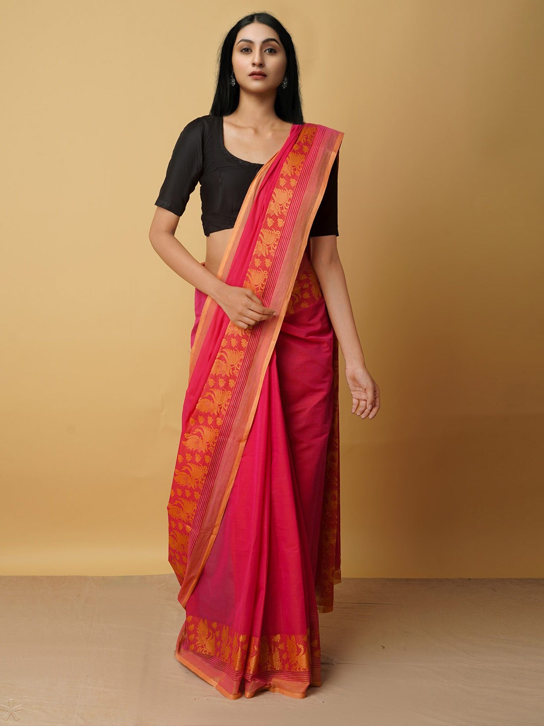 

Unnati Silks Red & Gold-Toned Woven Design Zari Pure Cotton Kanjeevaram Saree