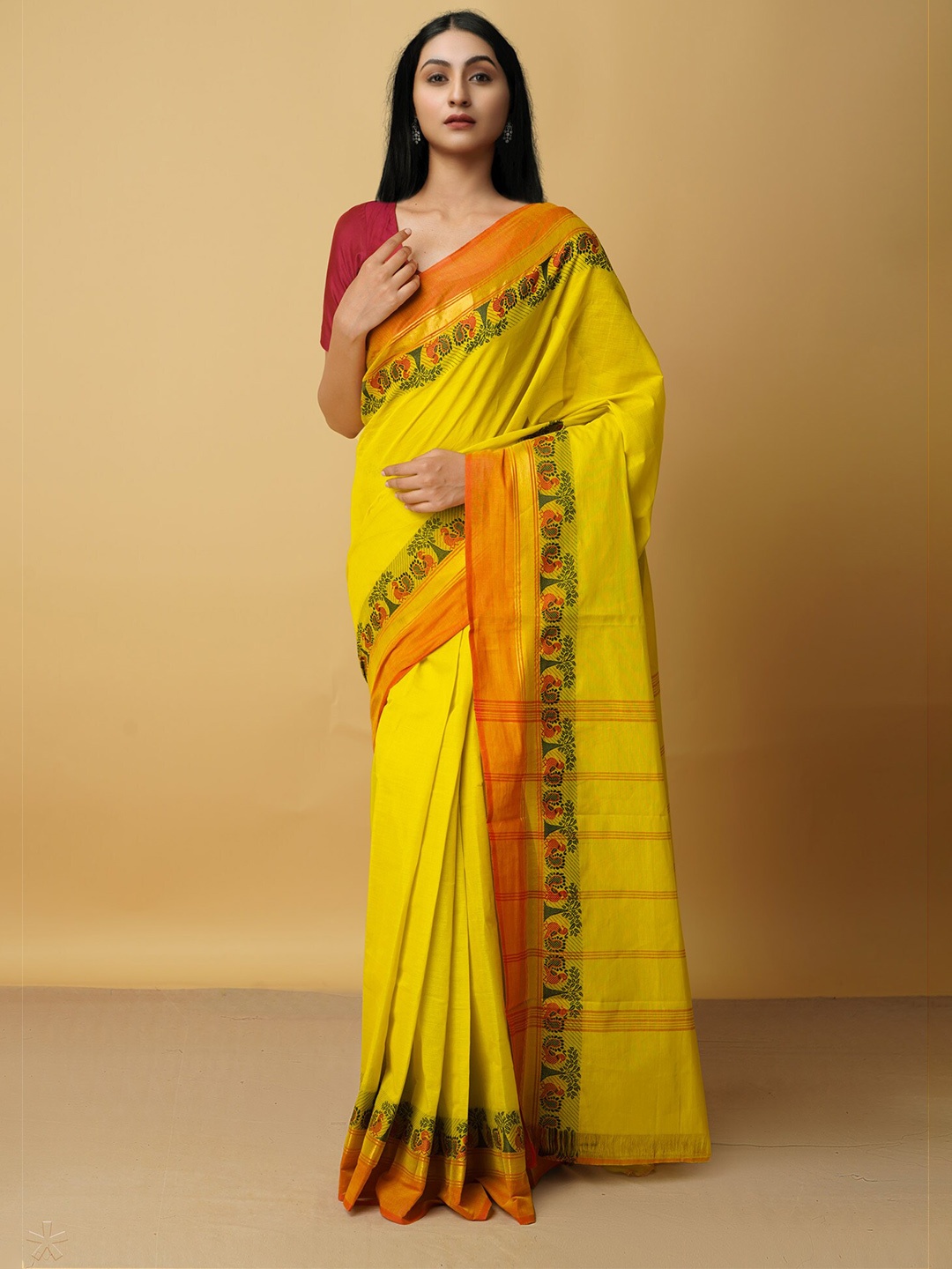 

Unnati Silks Green & Gold-Toned Woven Design Zari Pure Cotton Kanjeevaram Saree