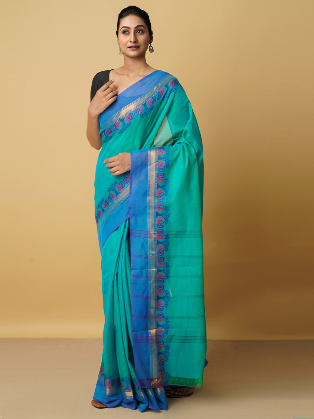 

Unnati Silks Green & Blue Woven Design Zari Pure Cotton Kanjeevaram Saree