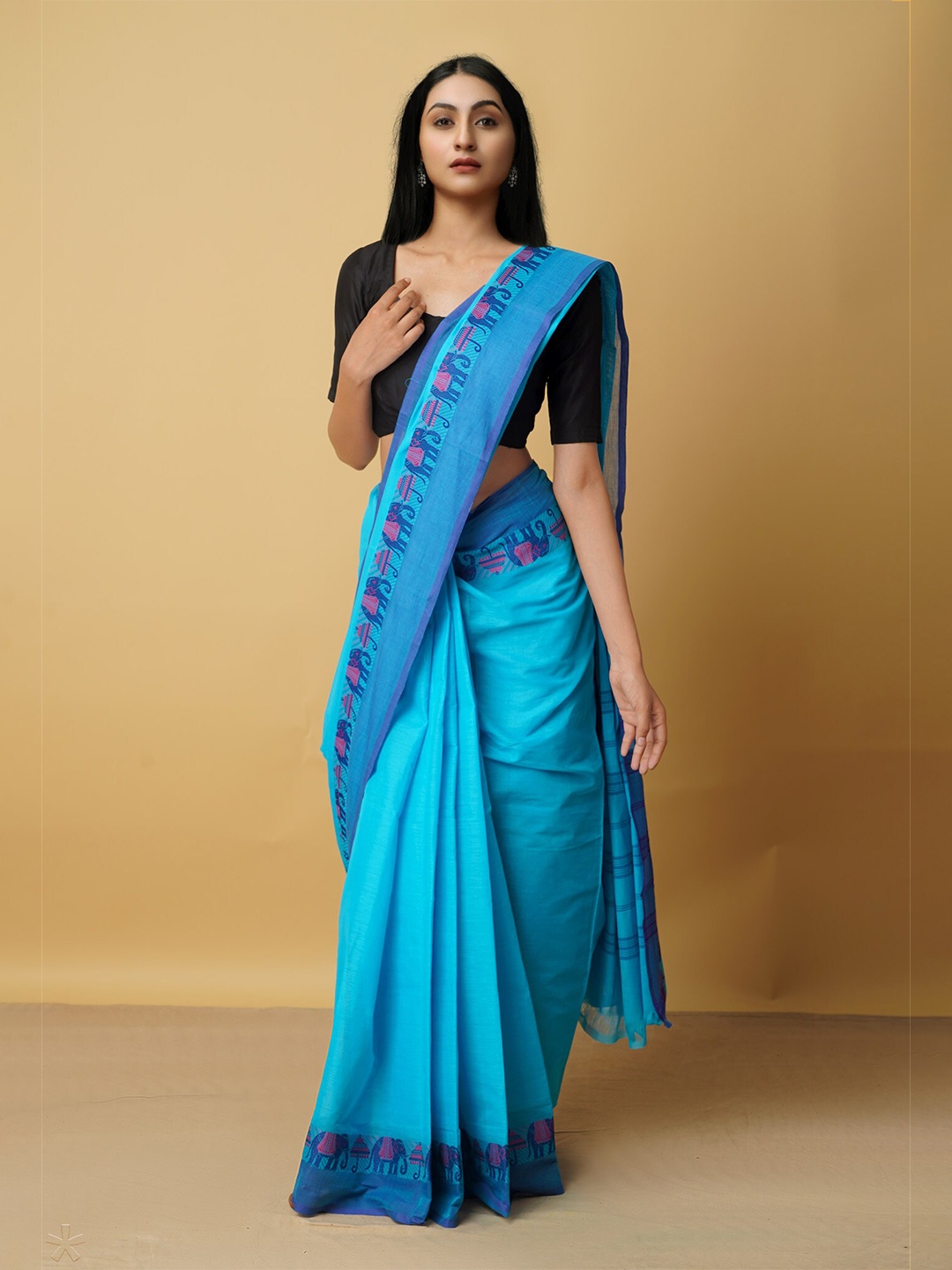 

Unnati Silks Blue & Silver-Toned Woven Design Zari Pure Cotton Kanjeevaram Saree