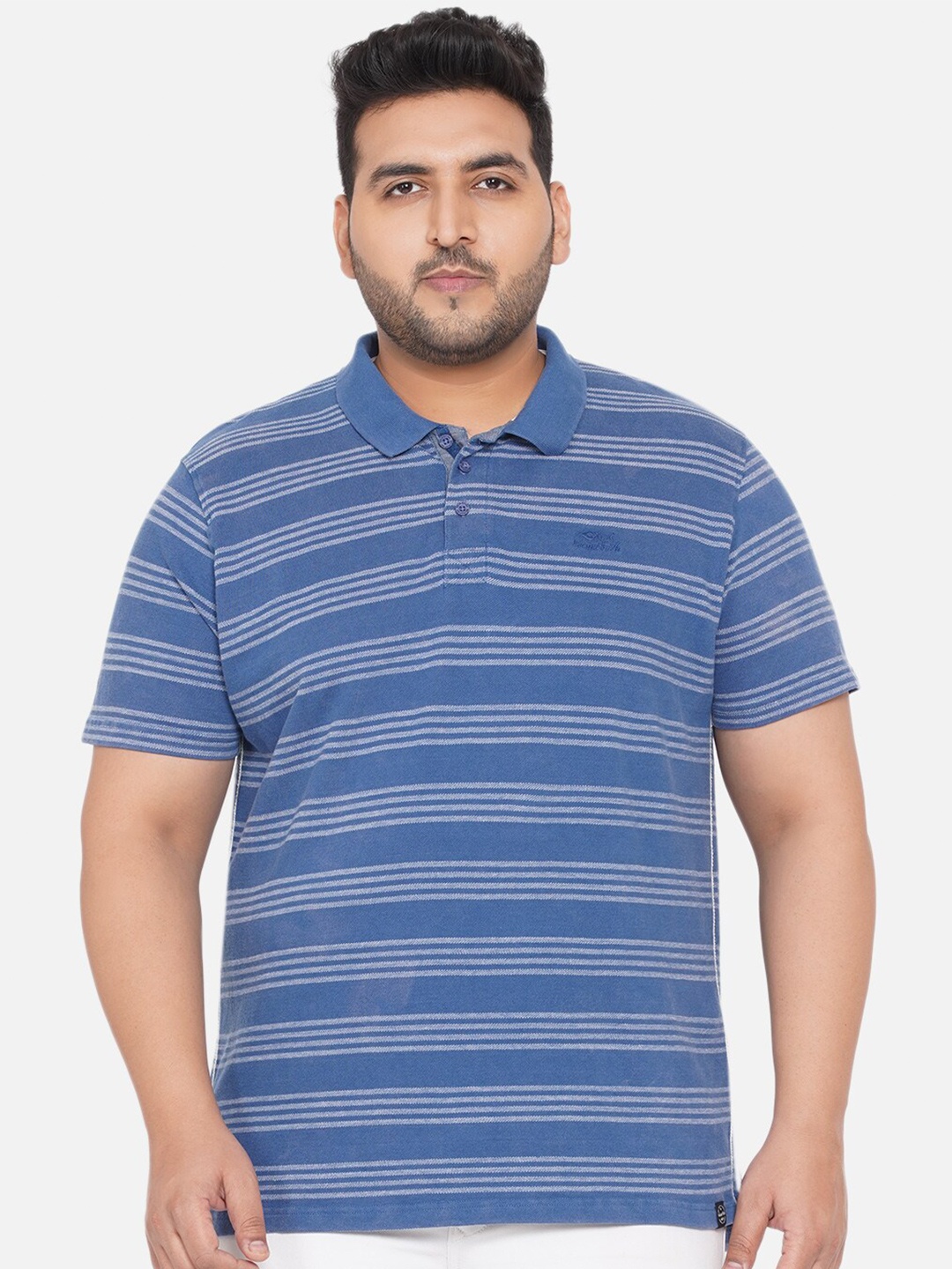 

Santonio Men Plus Size Blue Striped Polo Collar T-shirt