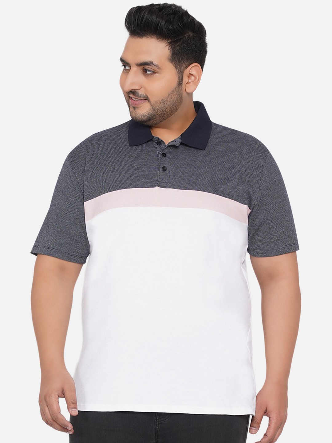 

Santonio Plus Size Men White & Grey Colourblocked Polo Collar T-shirt