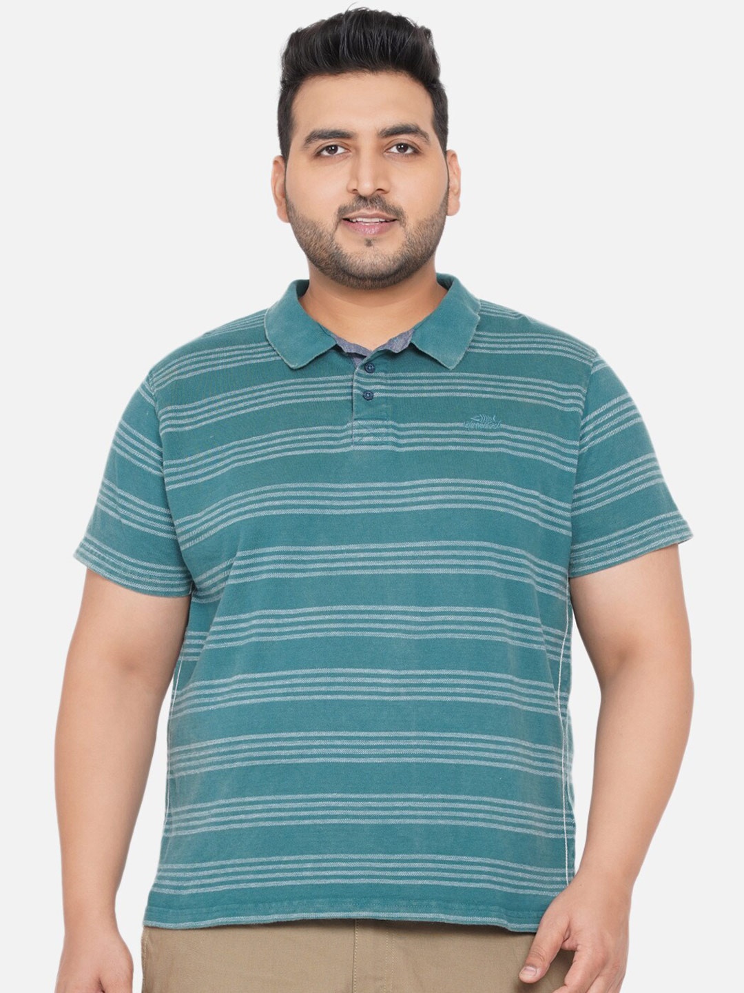 

Santonio Men Green Striped Polo Collar Cotton T-shirt