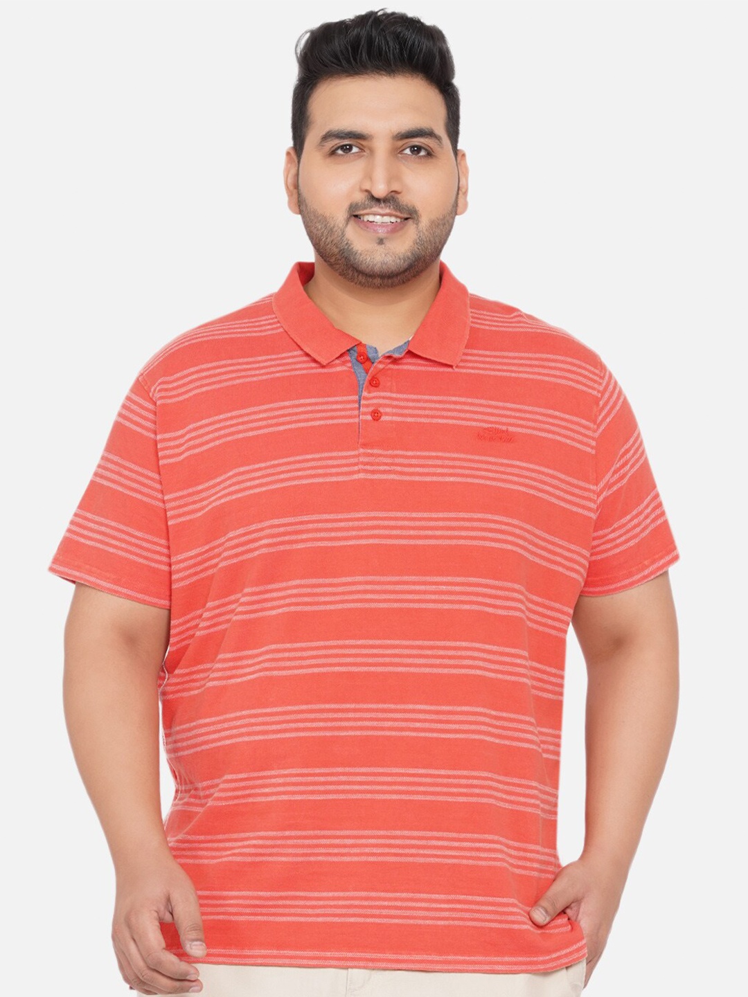 

Santonio Men Plus Size Orange Striped Polo Collar T-shirt