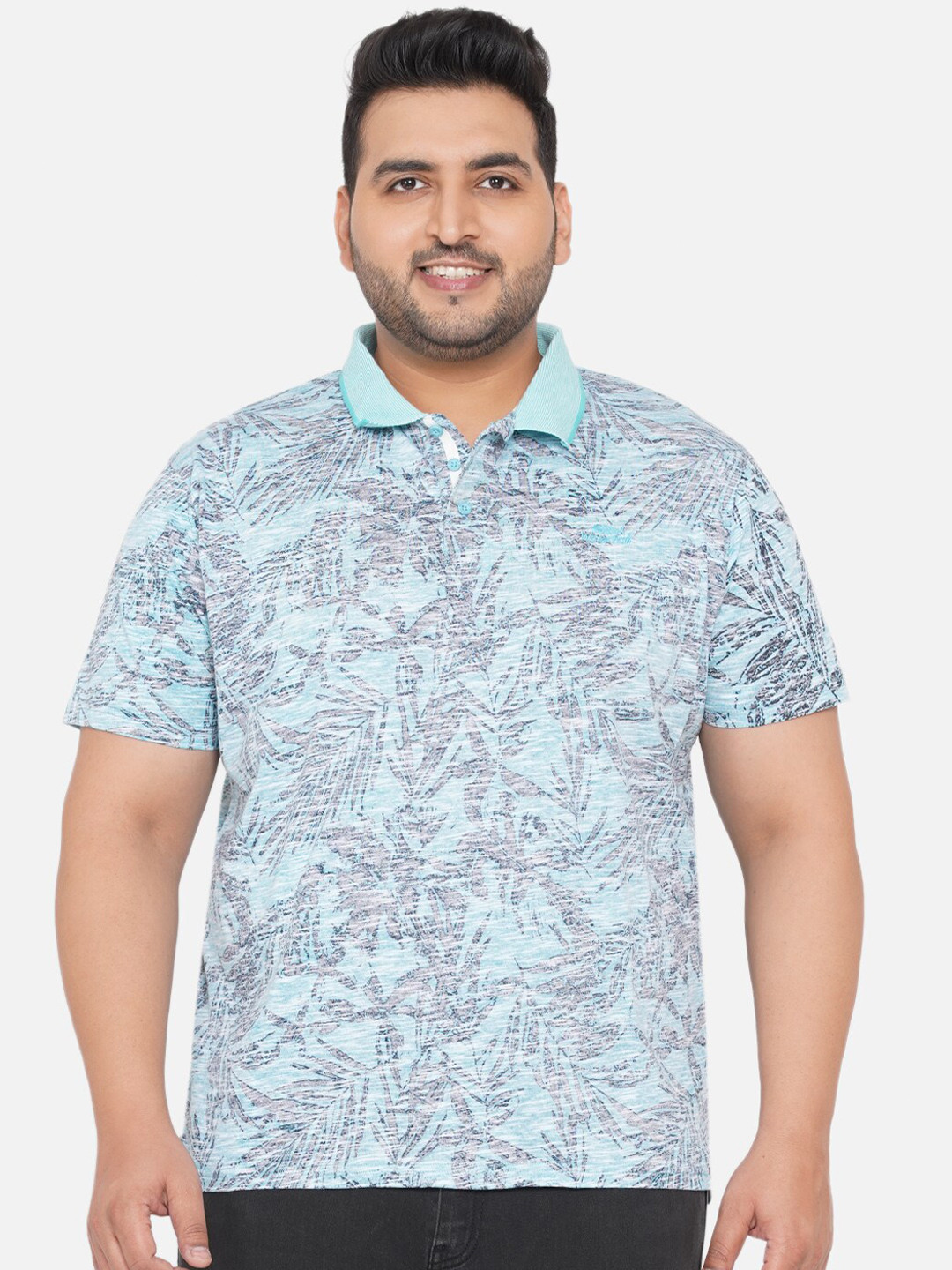 

Santonio Plus Size Men Blue Floral Printed Polo Collar Tropical Cotton T-shirt
