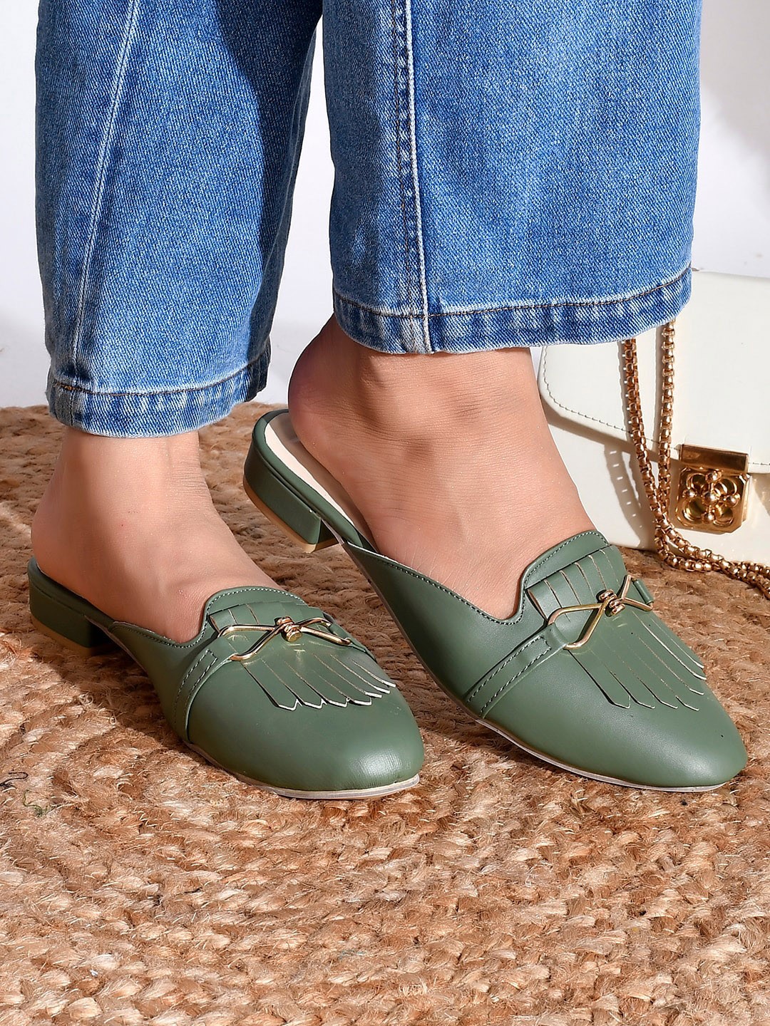 

Padvesh Olive Green Printed Block Pumps with Buckles