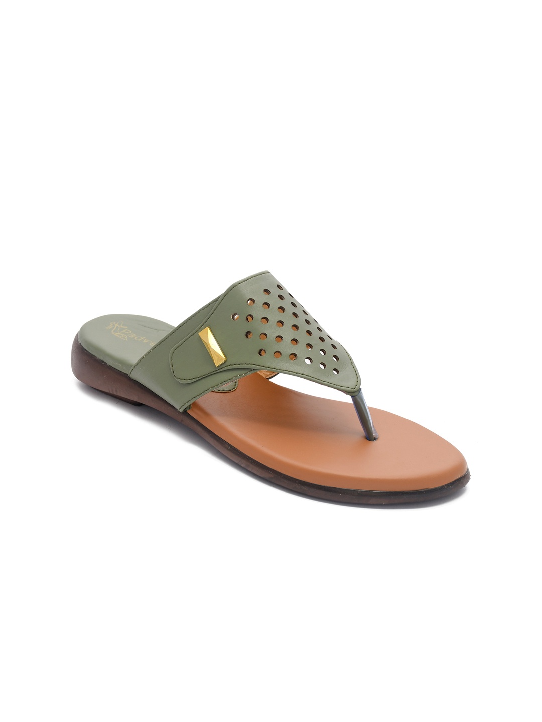 

Padvesh Women Olive Green Textured T-Strap Flats with Laser Cuts
