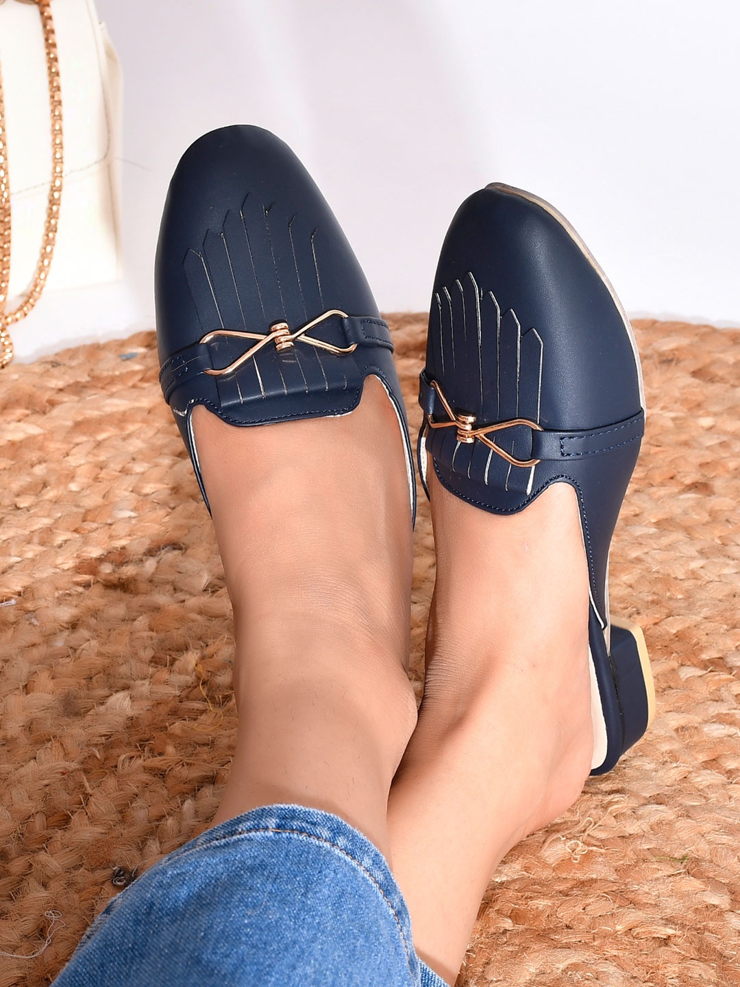 

Padvesh Navy Blue Embellished Block Mules