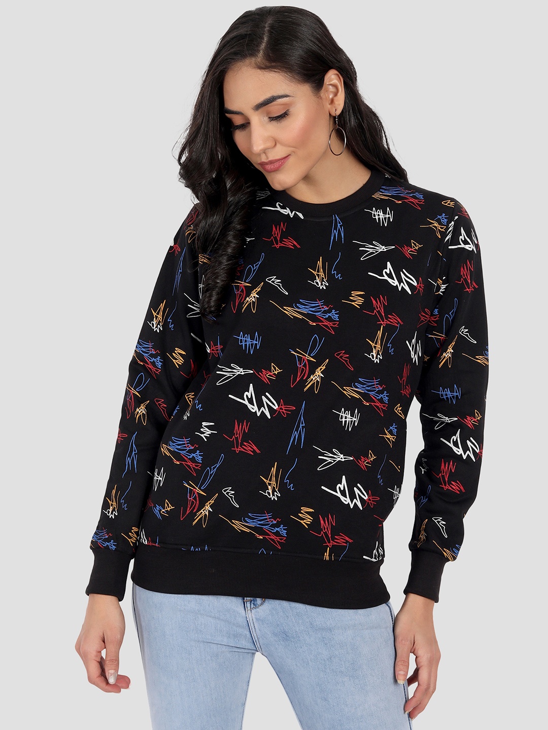 

CHOZI Women Black Printed Sweatshirt